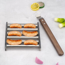Stainless Steel Hot Dog Roller for Grill with Extra Long Wooden Handle, Detachable Sausage Rack Set B2Pcs for Even Outdoor Grilling