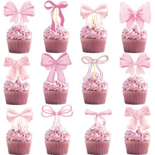 Pink Bow Coquette Cupcake Toppers, 36 Pcs with Nine Unique Styles, Ready‑to‑Use Pink Decorations for Birthday, Baby Shower, Wedding