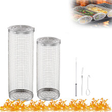 Rolling Grill Basket Set Stainless Steel BBQ Accessories for Vegetables Fish Fries Even Heat Rotation 2Pcs