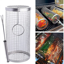 BBQ Grill Basket Stainless Steel Rolling Flip Design for Vegetables Fish Shrimp Meat Fries 3.54x3.54x11.8 in