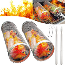 2 Pack Stainless Steel Rolling Grill Basket 7.9 Inch Non‑Stick Mesh Cylinder for Vegetables and Fries