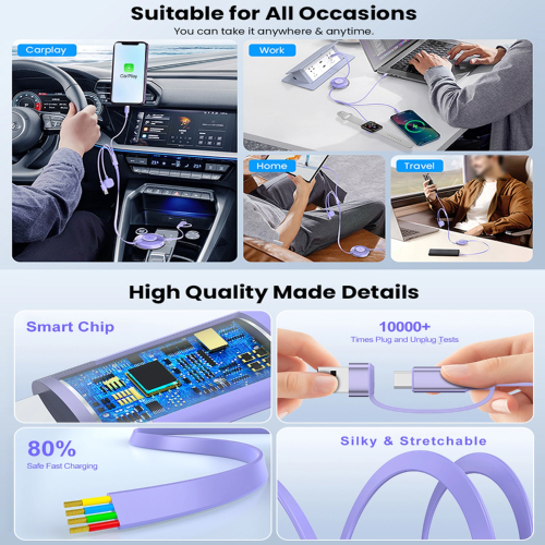 Multi-functional charging cable, 3-in-1 retractable USB-C/A fast charging cable, compatible with iPhone 17/16/15, Samsung, MacBook and iPad. 1