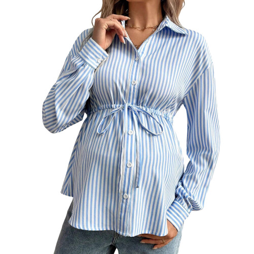 Long Sleeve Button Down Collared Pregnancy Blouse Top-Blue L