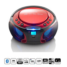 Radio FM portátil con Bluetooth y reproductor de CD/MP3 con USB, color rojo
