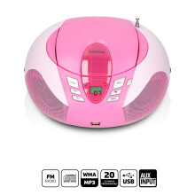 Radio FM portátil con reproductor de CD y USB, color rosa y diseño compacto.
