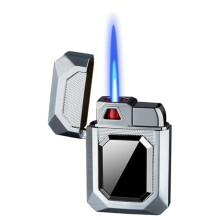 Jet Flame Butane Lighter Windproof Torch Refillable Metal Blue Flame with Visible Fuel Window for BBQ Camping