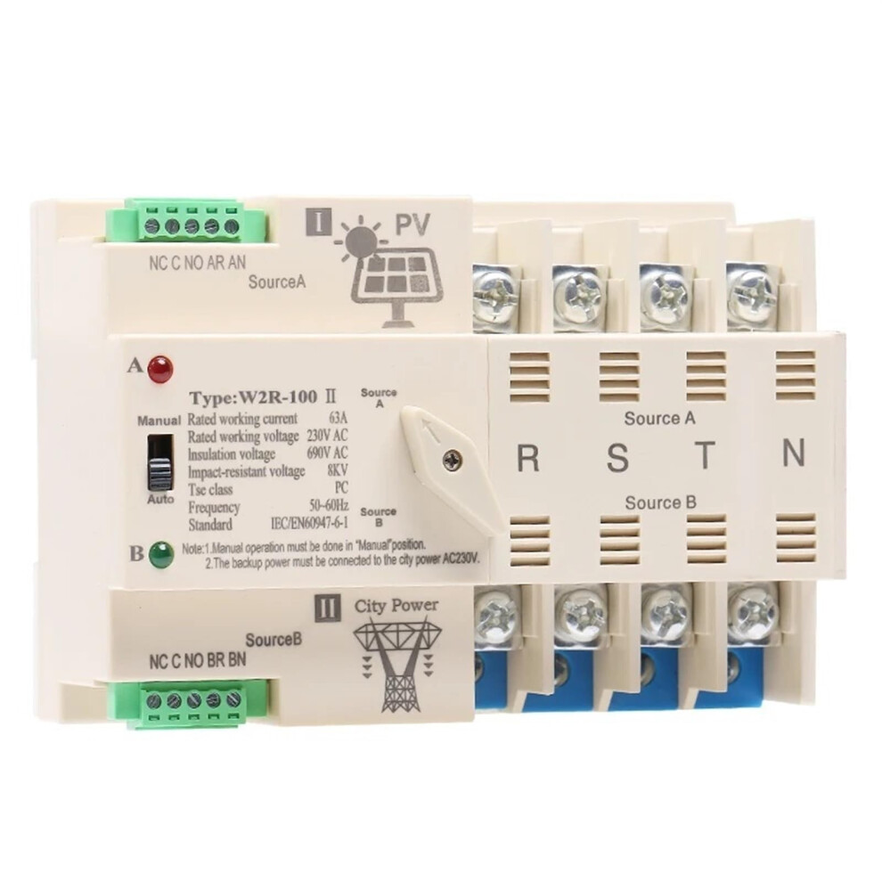 Din Rail 4P 100A Automatic Transfer Switch For Solar Pv And Grid Power, Ac220v Dual Power Changeover Switch 9351714711852