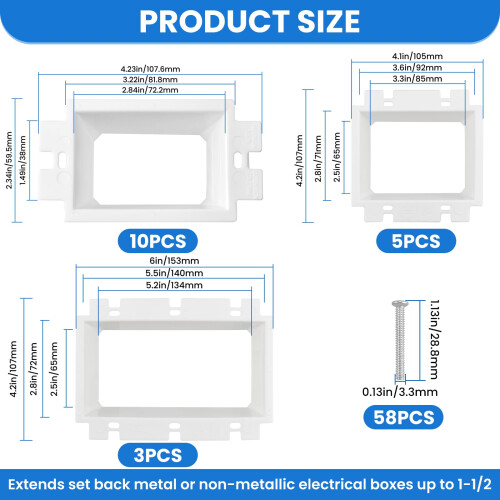ET 18 Pack Electrical Box Extender Kit with Screws, MultiGang Outlet Box Extensions, White 1