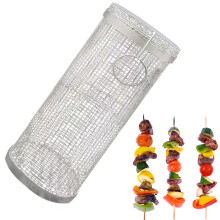 BBQ Grill Basket Stainless Steel Rolling Mesh Cylinder for Vegetables Meat Even Heat Outdoor Cooking