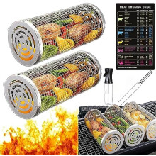 BBQ Grill Basket Set Stainless Steel Rolling Cylinder Design for Even Heat Outdoor Cooking Vegetables Meat Fish 2 Pack