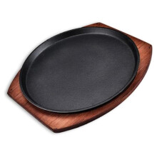 Preseasoned Cast Iron Fajita Sizzle Plate 11 Inch with Wooden Base, Fast Even Heating Pan for Steak
