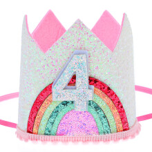 Rainbow Sequin 4th Birthday Crown for Girls, Felt Princess Hat with Adjustable Fit, Party Photo Prop