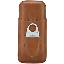 Leather Cigar Travel Humidor Case with Airtight Humidity Control and Stainless Steel Cutter, Holds 3 Cigars