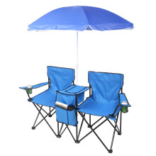 Outdoor Folding Chair with Detachable Sun Umbrella, 2 Seater Portable Beach and Camping Chair in Blue