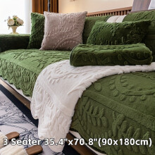 (Green, 3 Seater (90x180cm)) 1pc Thick Faux Rabbit Winter Warm Sofa Cover - Elegant Beige with Floral & Leaf Patterns