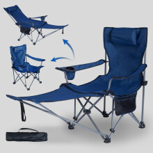 Folding Camping Chair with Footrest, 3 in 1 Reclining Beach Lounge Chair, Navy Blue Cloth Back, Backpack Carry
