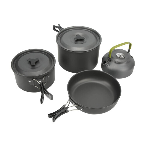 Lightweight Hard Anodized Camping Cookware Set for 45 People with Foldable Handles and Compact Nesting Storage