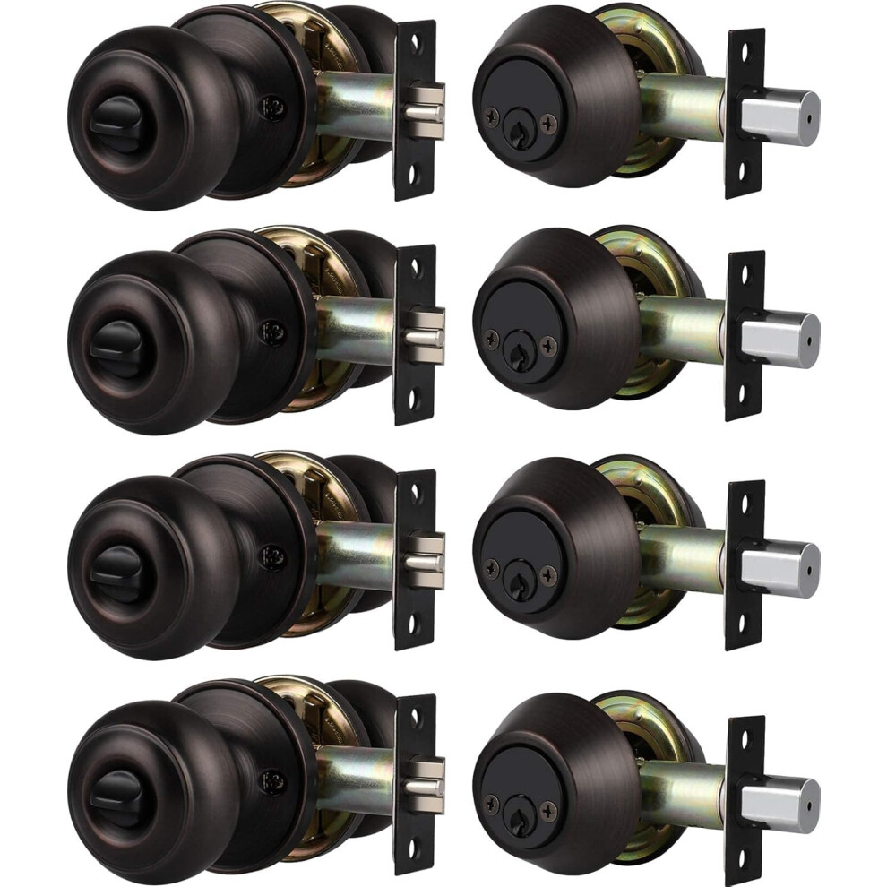 4 Pack Door Knob And Deadbolt Set, Keyed Alike Security, Oil Rubbed Bronze Finish, Double Cylinder Lock For Exterior Doors 9351714720038