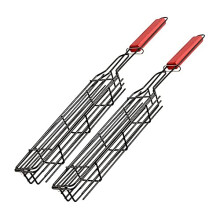 Set of 2 Red NonStick Grill Baskets with HeatResistant Wooden Handle for Vegetables and Seafood