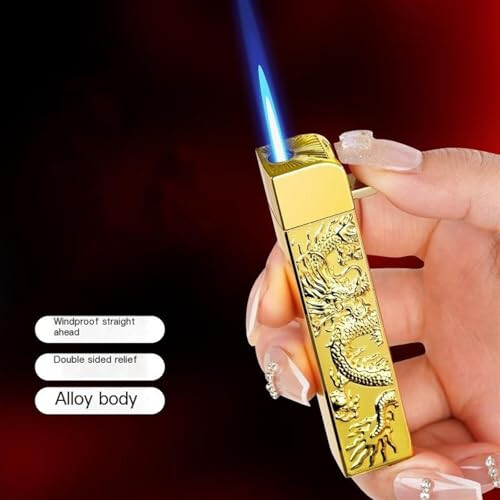 Torch Lighter Refillable Butane with Windproof Blue Flame, Visible Fuel Window, Embossed Dragon Design 1