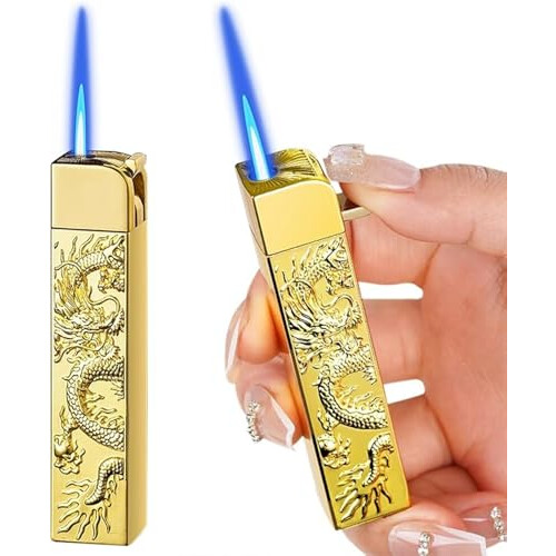 Torch Lighter Refillable Butane with Windproof Blue Flame, Visible Fuel Window, Embossed Dragon Design 2