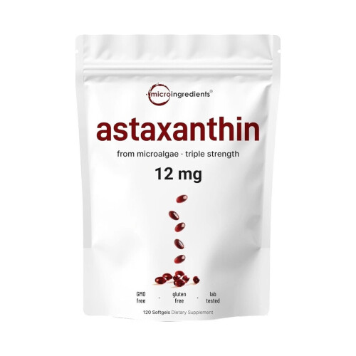 Astaxanthin 12mg, 120 softgels 4 monthly Supply, Natural Tanning, Fresh Microalgae Source, Easy to Swallow