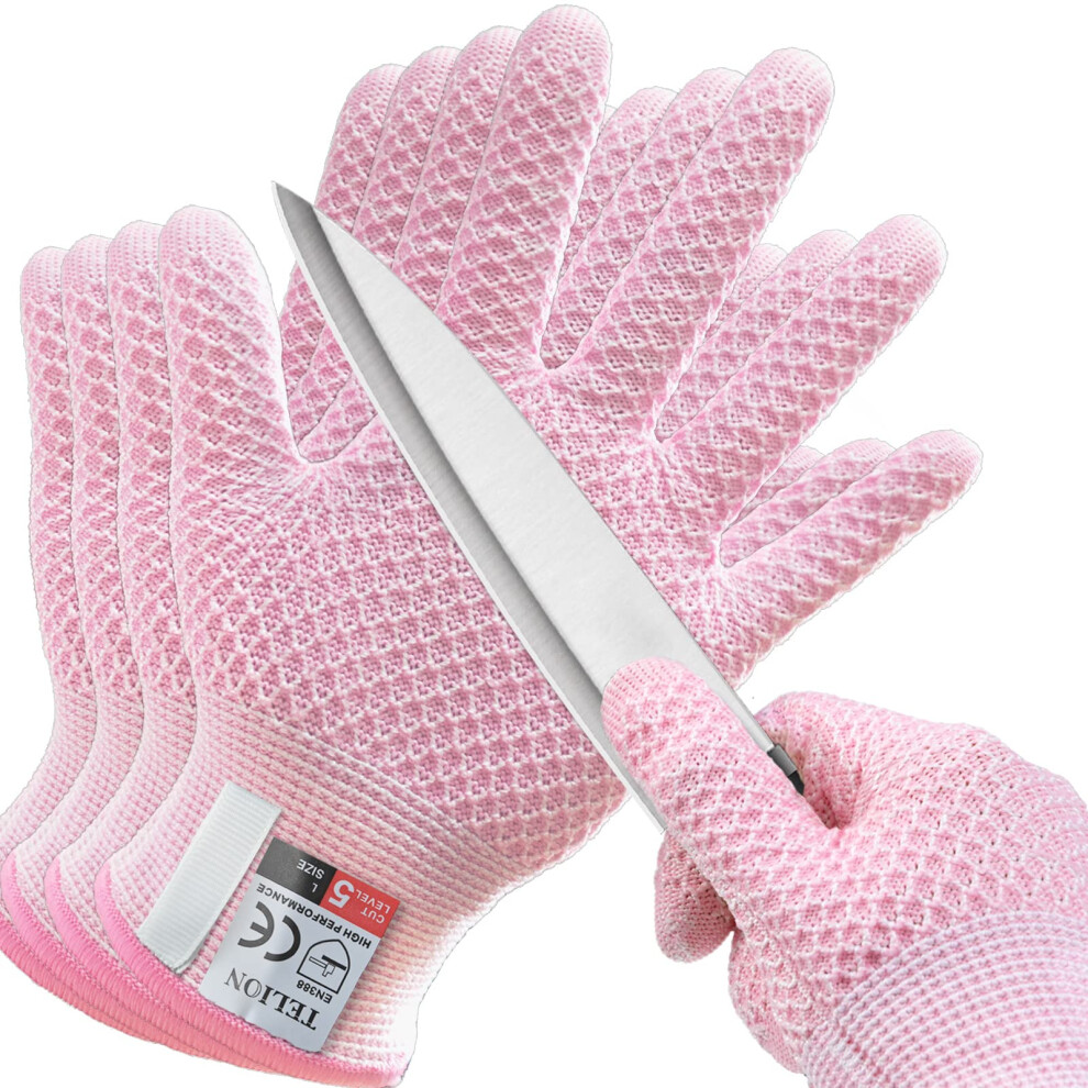 Level 5 Cut Resistant Gloves For Kitchen, Food Grade Safe, Flexible Hexagonal Grip, Pink Large 9330225583790
