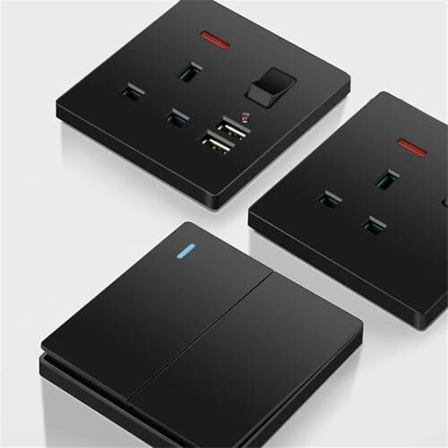 UK Black Wall Socket with USB TypeC 18W Smart Fast Charging, 13A Double Plug Power Outlet 220V 2