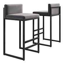 Bar Stools Set of 2 Grey Velvet Upholstered Counter Height Chairs with Low Back and Metal Footrest for Kitchen Island