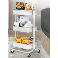 3 Tier Rolling Utility Cart with Lockable Wheels, Durable Steel Storage Trolley for Kitchen Bathroom Office Garage, White