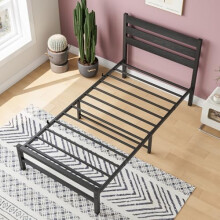Twin Size Metal Platform Bed Frame with Rustic Wood Headboard, Large Underbed Storage, Easy Assembly