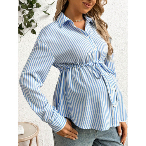 Long Sleeve Button Down Collared Pregnancy Blouse-Blue XL 2