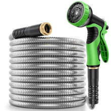 12ft Stainless Steel Garden Hose with 10‑Mode Spray Nozzle, Heavy Duty No Kink Flexible Metal Water Hose with Brass Connectors