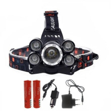 Stærk pandelampe 5x LED CREE T6 Inklusive batterier og oplader sort