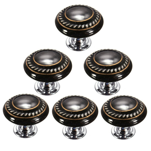Black Ceramic Cabinet Knobs Set of 6, Vintage Retro Design Drawer Pulls for Kitchen Cupboard