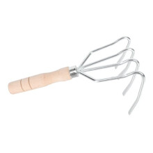 Garden Cultivator Rake with Four Claw Steel Head, Ergonomic Wooden Handle Hand Rake for Soil Loosening