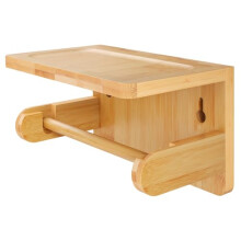 Bamboo Toilet Paper Holder with Phone Shelf, NoDrill Wall Mounted Bathroom Storage Rack