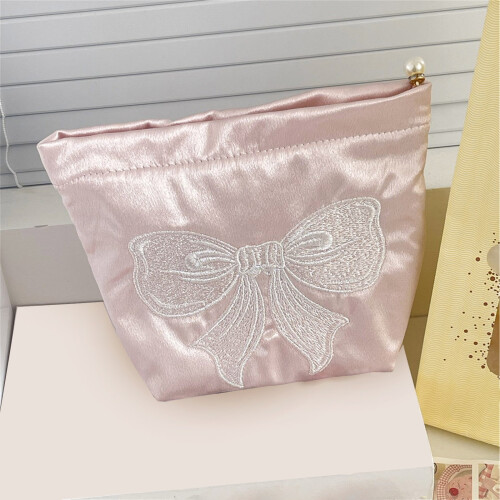 Pink Cosmetic Case Pearlescent Elegant Bowknot Accent Makeup-L 1
