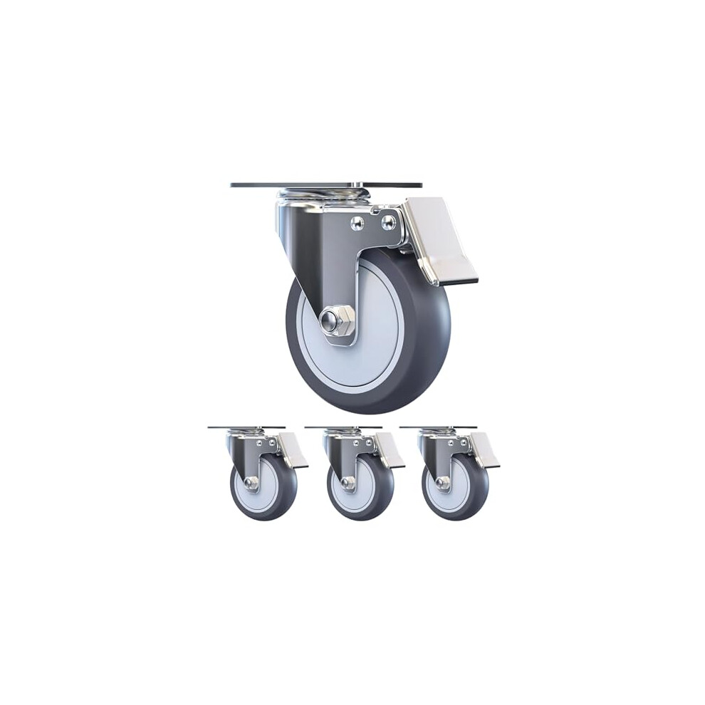 Heavy Duty 5 Inch Silent Rubber Swivel Casters With Brakes, No Noise Pu Locking Caster Wheels For Workbench And Cart 9351714746915