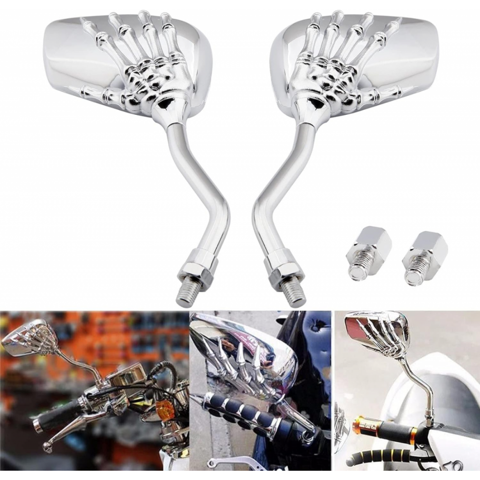 Chrome 8Mm/10Mm Motorcycle Skull Skeleton Rearview Side Mirrors - Compatible With Honda, Yamaha, Kawasaki, Suzuki, Aprilia 6485316910702