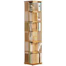 6 Tier Rotating Bamboo Bookshelf Tower with Stable Steel Base and Removable Bookends for Small Spaces