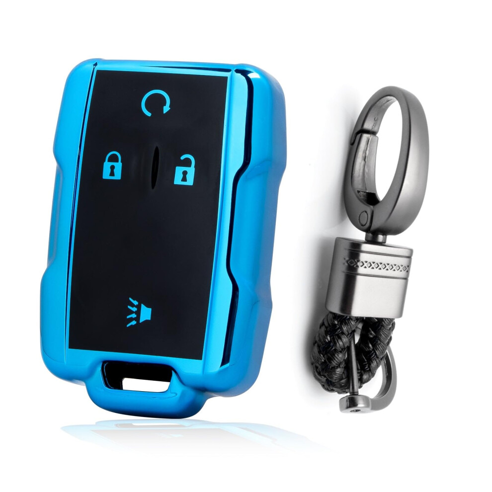 Tpu Key Fob Cover With Keychain For Chevy Silverado Gmc Sierra Smart Key 360 Full Protection Blue 9351714748506