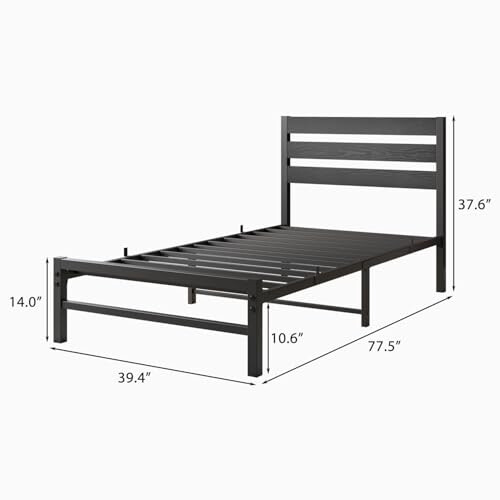 Twin Size Metal Platform Bed Frame with Rustic Wood Headboard, Large Underbed Storage, Easy Assembly 1
