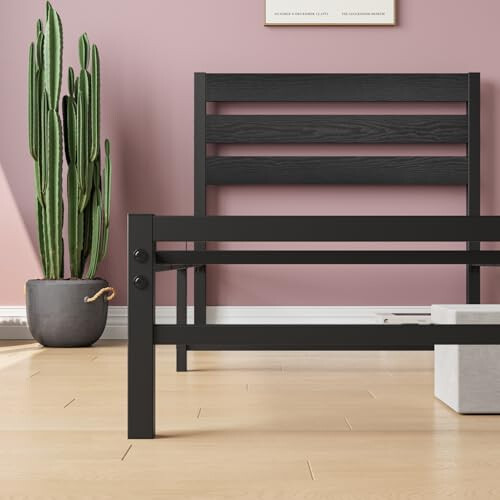 Twin Size Metal Platform Bed Frame with Rustic Wood Headboard, Large Underbed Storage, Easy Assembly 2