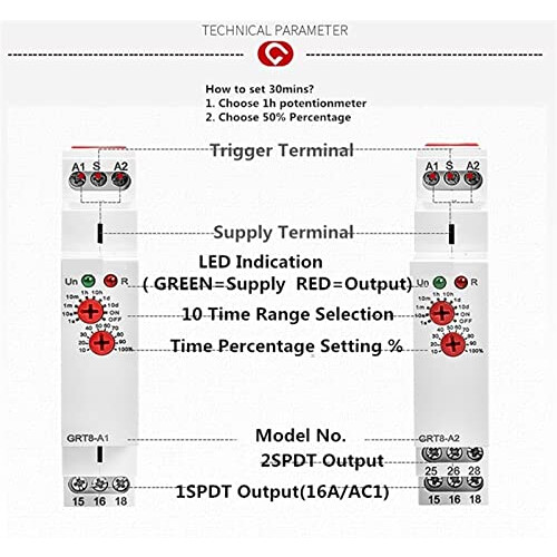Timer Relay DIN Rail 16A AC230V Adjustable Delay On Off, Wide Voltage Compatibility, LED Indication 1