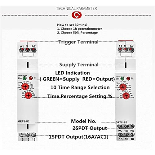 Timer Relay DIN Rail 16A AC230V Adjustable Delay On Off, Wide Voltage Compatibility, LED Indication 2