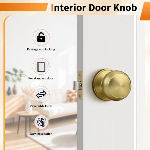 Brushed Brass Door Knobs 3 Pack for Hall and Closet, FingerprintResistant Gold Finish, Smooth Passage Function 1