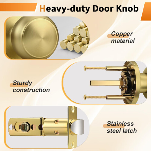 Brushed Brass Door Knobs 3 Pack for Hall and Closet, FingerprintResistant Gold Finish, Smooth Passage Function 2