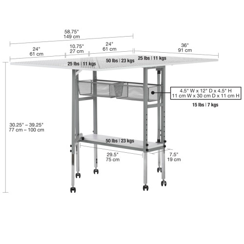 Adjustable Fabric Cutting Table with Grid & Storage Silver/White 149x91x77-100cm 1