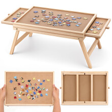 Wooden Jigsaw Puzzle Table with Folding Legs and Dual Storage Drawers, Compact Portable Design